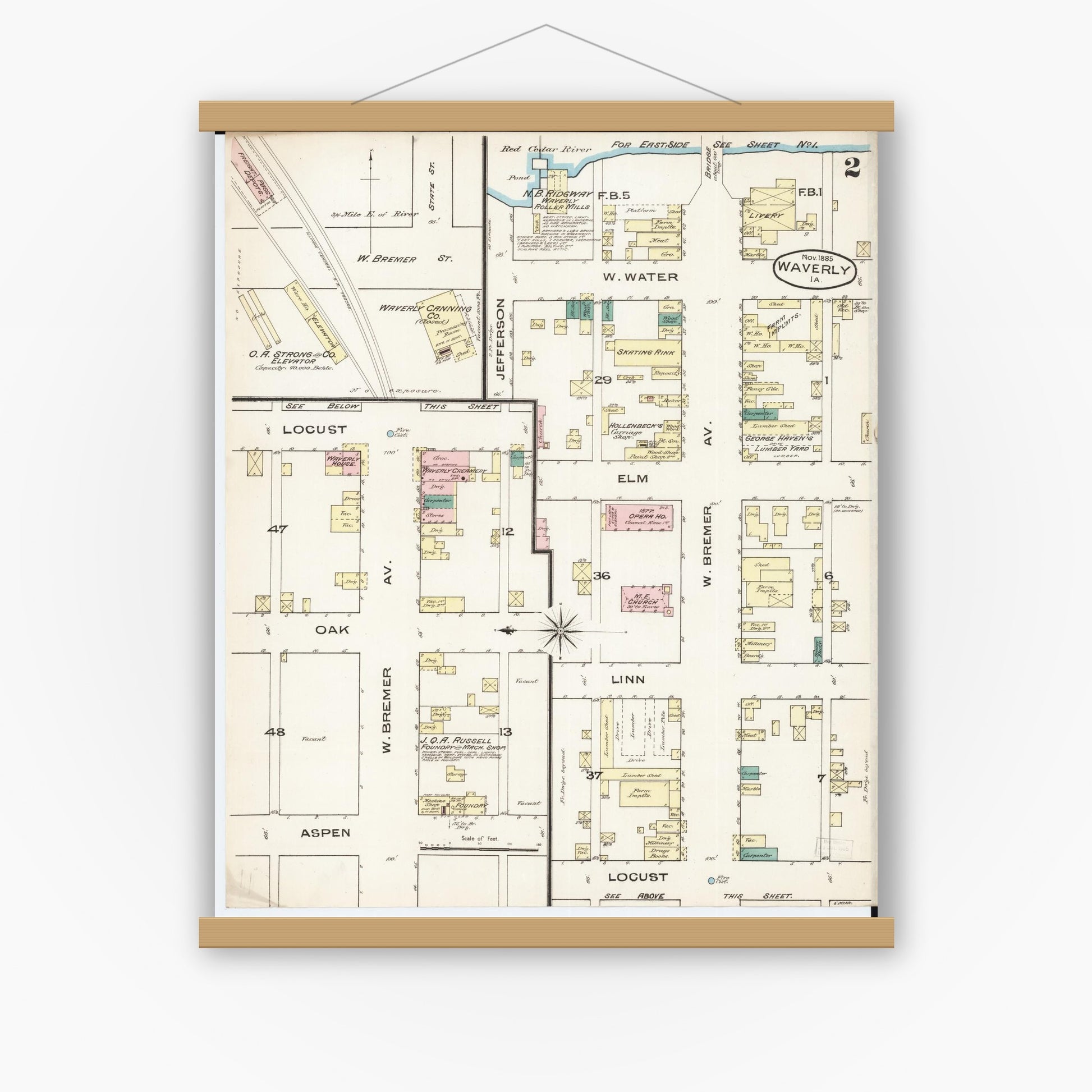 Old map wall art mockup — magnetic wood frame on white wall — Sanborn Fire Insurance Map from Waverly, Bremer County, Iowa (1885), Sheet #0002