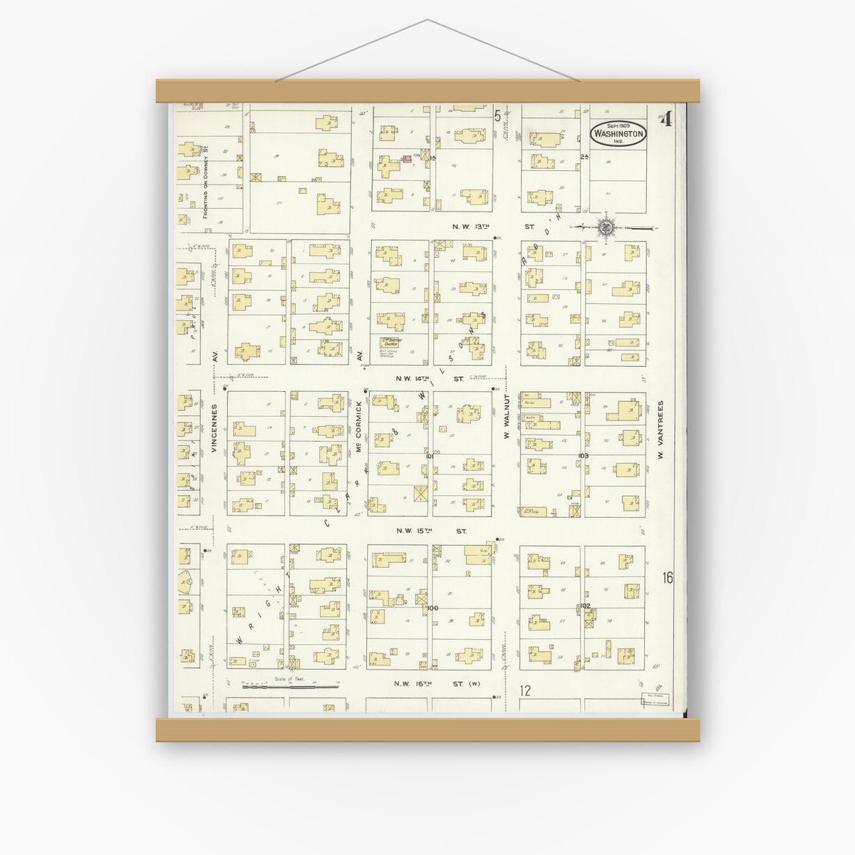 Old map wall art mockup — magnetic wood frame on white wall — Sanborn Fire Insurance Map from Washington, Daviess County, Indiana (1909), Sheet #0004