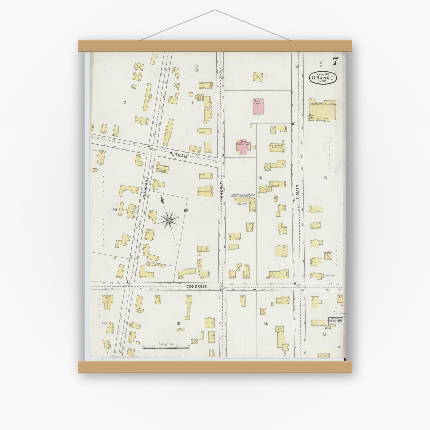 Old map wall art mockup — magnetic wood frame on white wall — Sanborn Fire Insurance Map from Orange, Franklin County, Massachusetts (1895), Sheet #0007