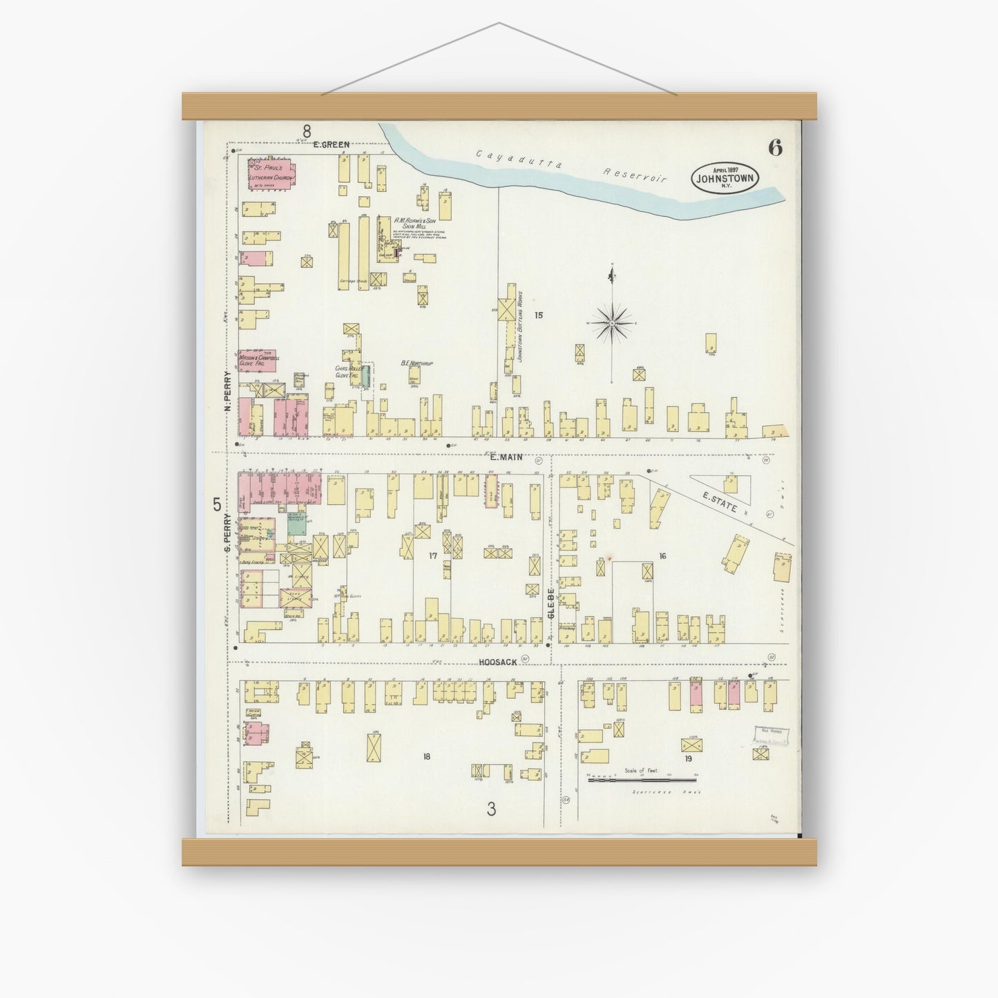 Old map wall art mockup — magnetic wood frame on white wall — Sanborn Fire Insurance Map from Johnstown, Fulton County, New York (1897), Sheet #0006