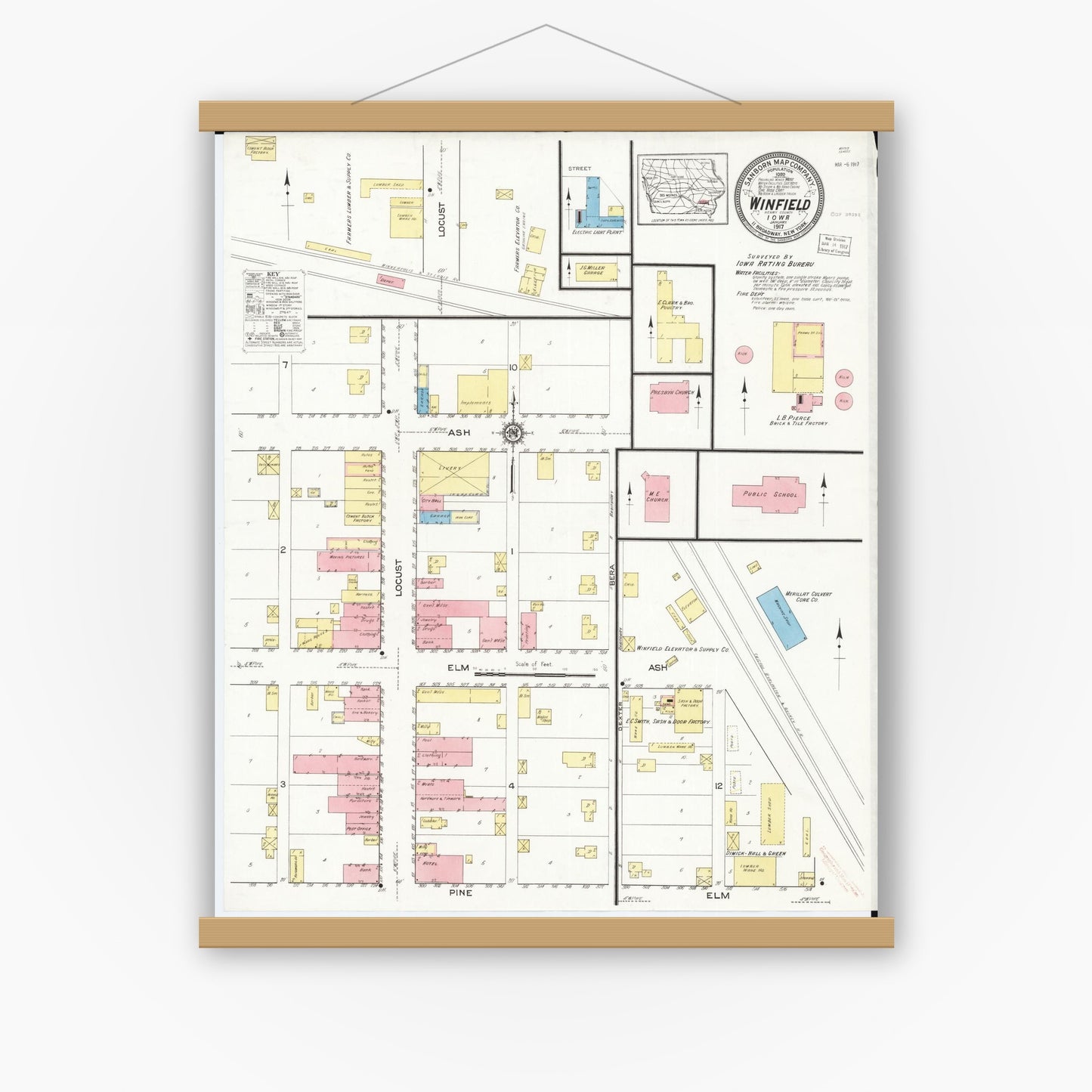 Old map wall art mockup — magnetic wood frame on white wall — Sanborn Fire Insurance Map from Winfield, Henry County, Iowa (1917), Sheet #0001