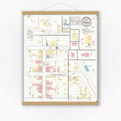 Old map wall art mockup — magnetic wood frame on white wall — Sanborn Fire Insurance Map from Winfield, Henry County, Iowa (1917), Sheet #0001