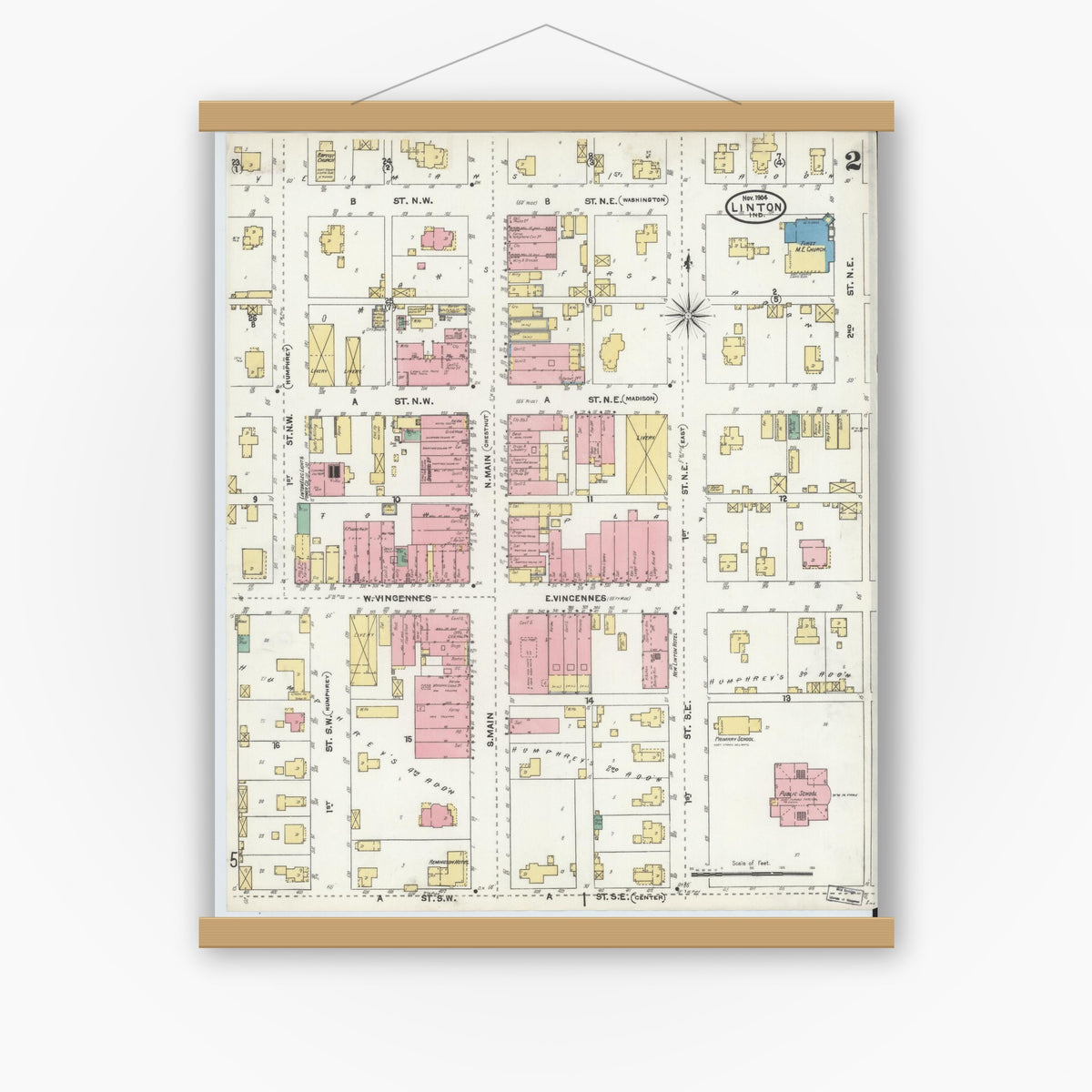 Old map wall art mockup — magnetic wood frame on white wall — Sanborn Fire Insurance Map from Linton, Greene County, Indiana (1904), Sheet #0002