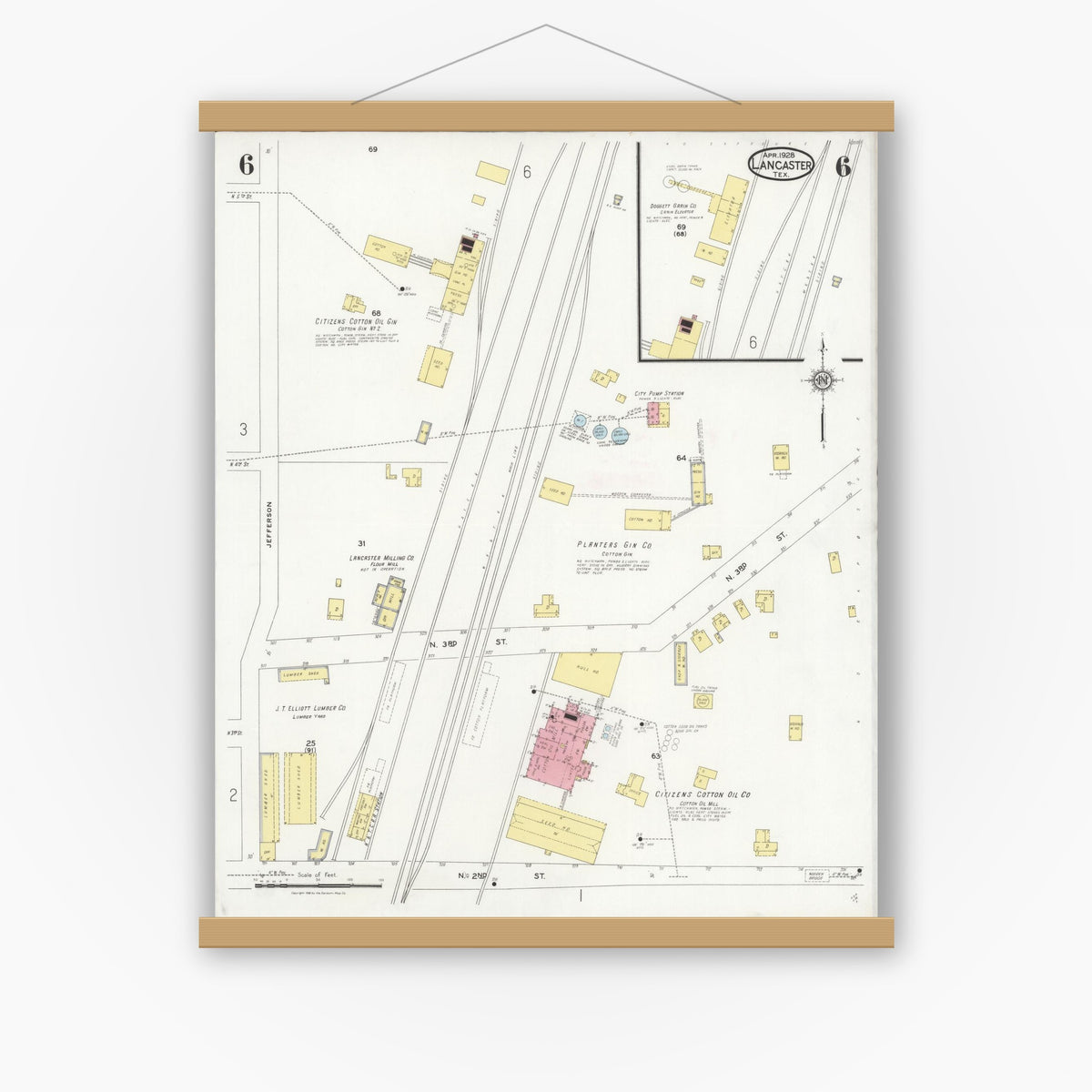 Old map wall art mockup — magnetic wood frame on white wall — Sanborn Fire Insurance Map from Lancaster, Dallas County, Texas (1928), Sheet #0006