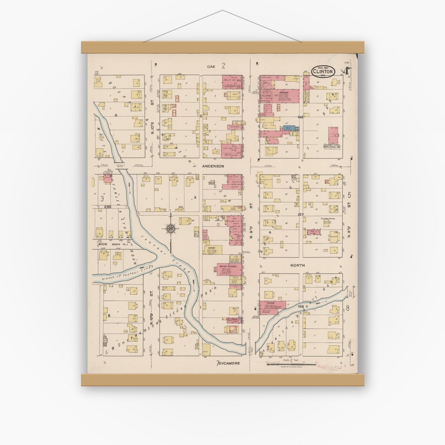 Old map wall art mockup — magnetic wood frame on white wall — Sanborn Fire Insurance Map from Clinton, Vermillion County, Indiana (1921), Sheet #0004