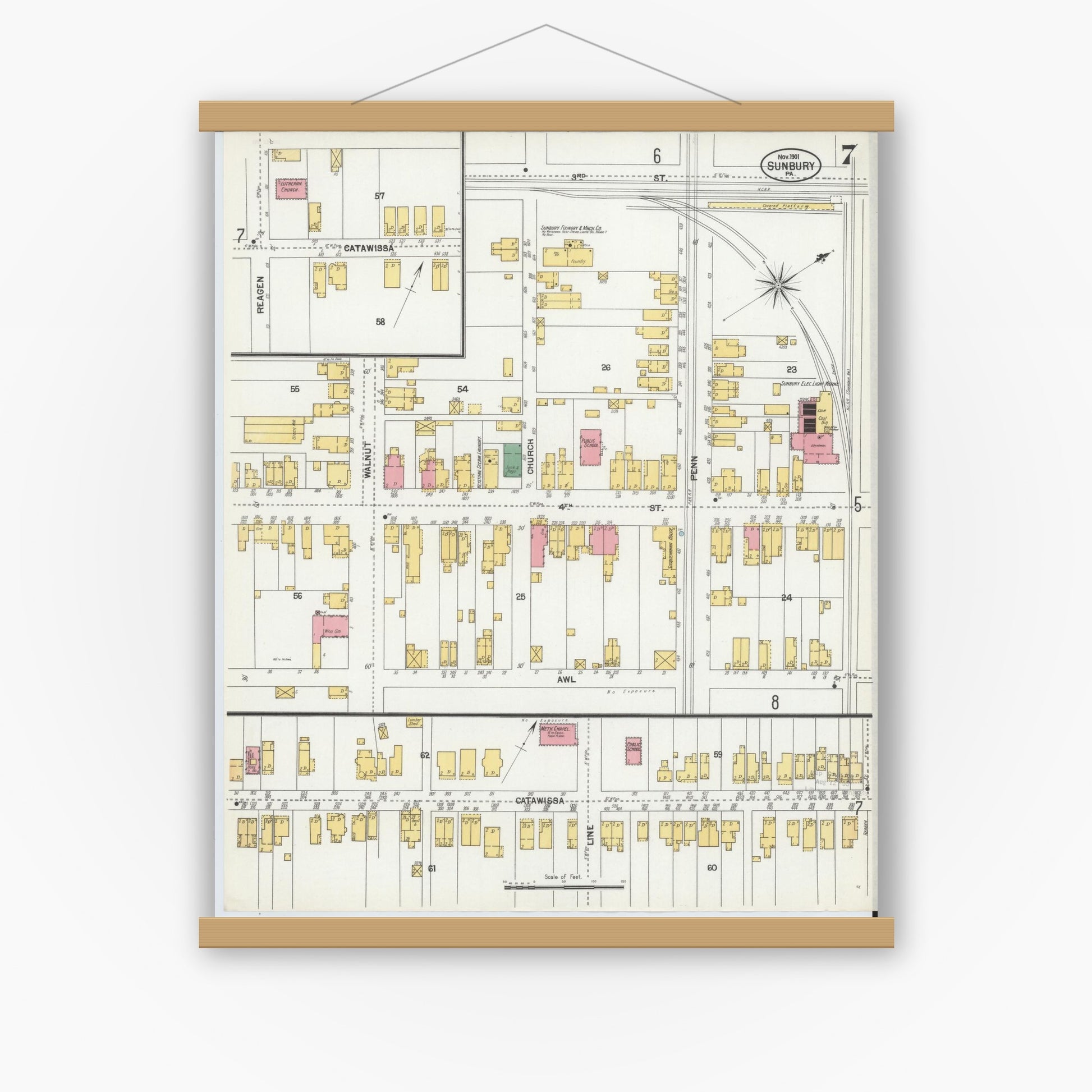 Old map wall art mockup — magnetic wood frame on white wall — Sanborn Fire Insurance Map from Sunbury, Northumberland County, Pennsylvania (1901), Sheet #0007