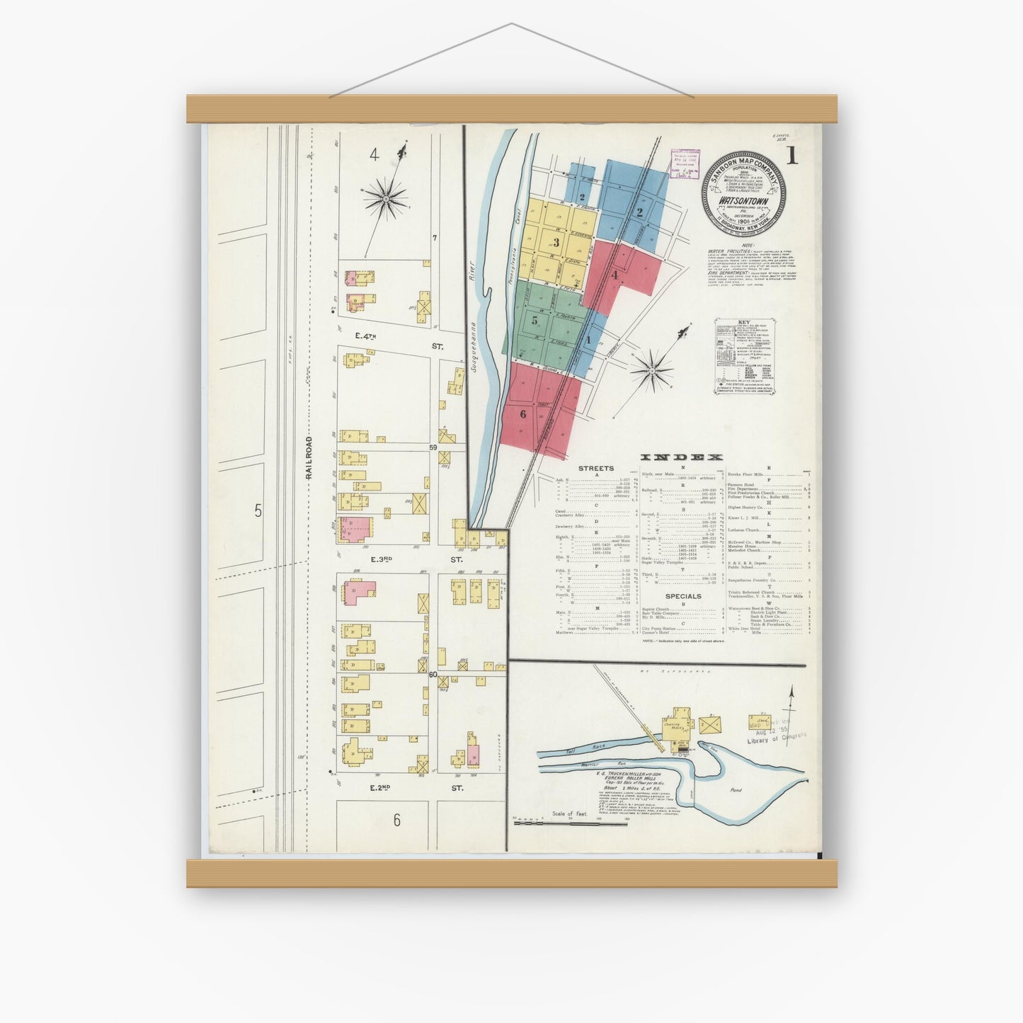 Old map wall art mockup — magnetic wood frame on white wall — Sanborn Fire Insurance Map from Watsontown, Northumberland County, Pennsylvania (1906) - Complete Map Set