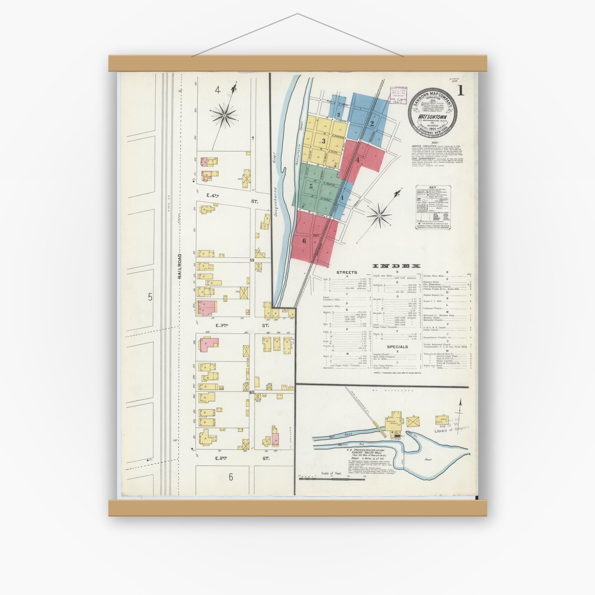 Old map wall art mockup — magnetic wood frame on white wall — Sanborn Fire Insurance Map from Watsontown, Northumberland County, Pennsylvania (1906) - Complete Map Set