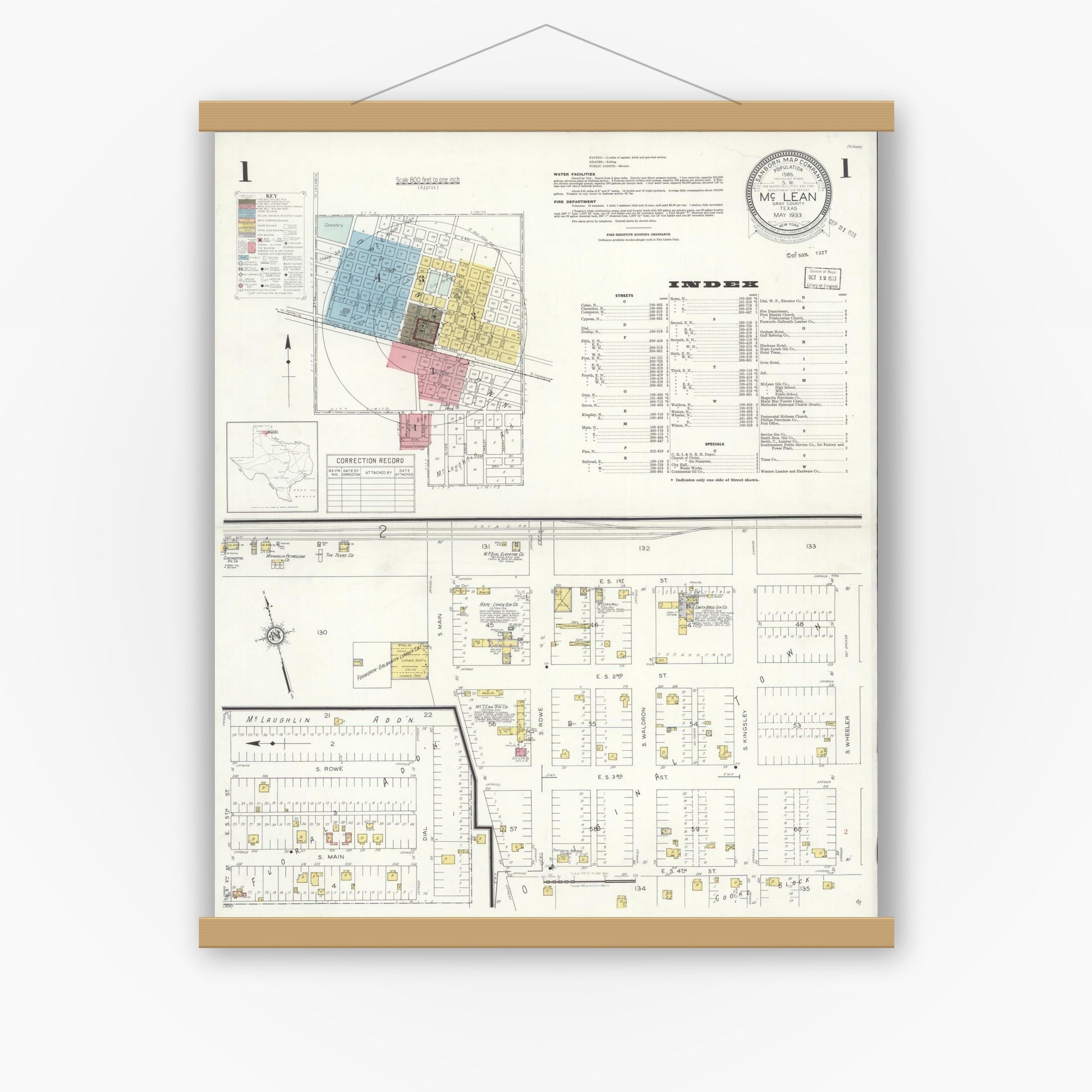 Old map wall art mockup — magnetic wood frame on white wall — Sanborn Fire Insurance Map from McLean, Gray County, Texas (1933), Sheet #0001