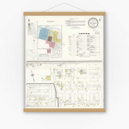 Old map wall art mockup — magnetic wood frame on white wall — Sanborn Fire Insurance Map from McLean, Gray County, Texas (1933), Sheet #0001