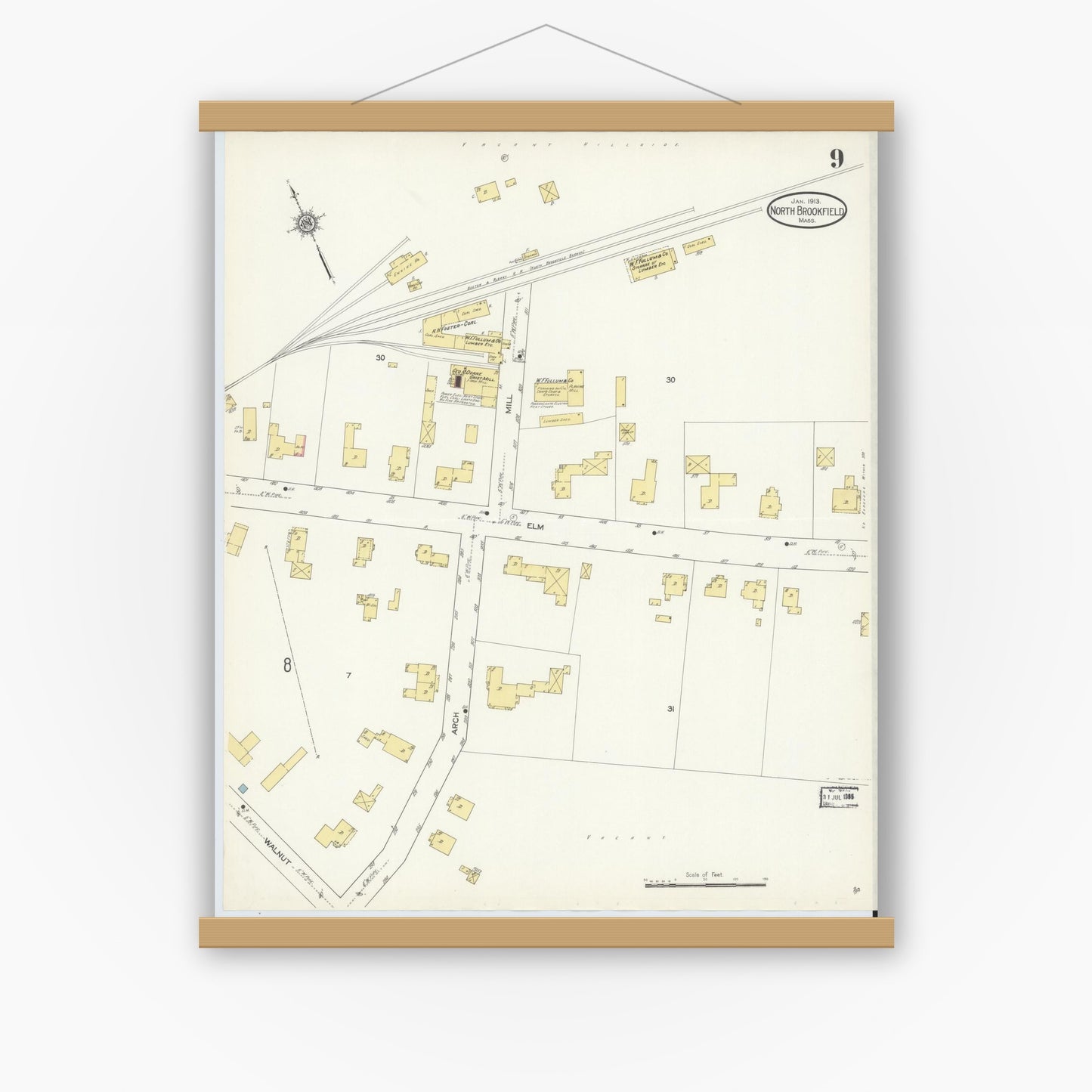 Old map wall art mockup — magnetic wood frame on white wall — Sanborn Fire Insurance Map from North Brookfield, Worcester County, Massachusetts (1913), Sheet #0009