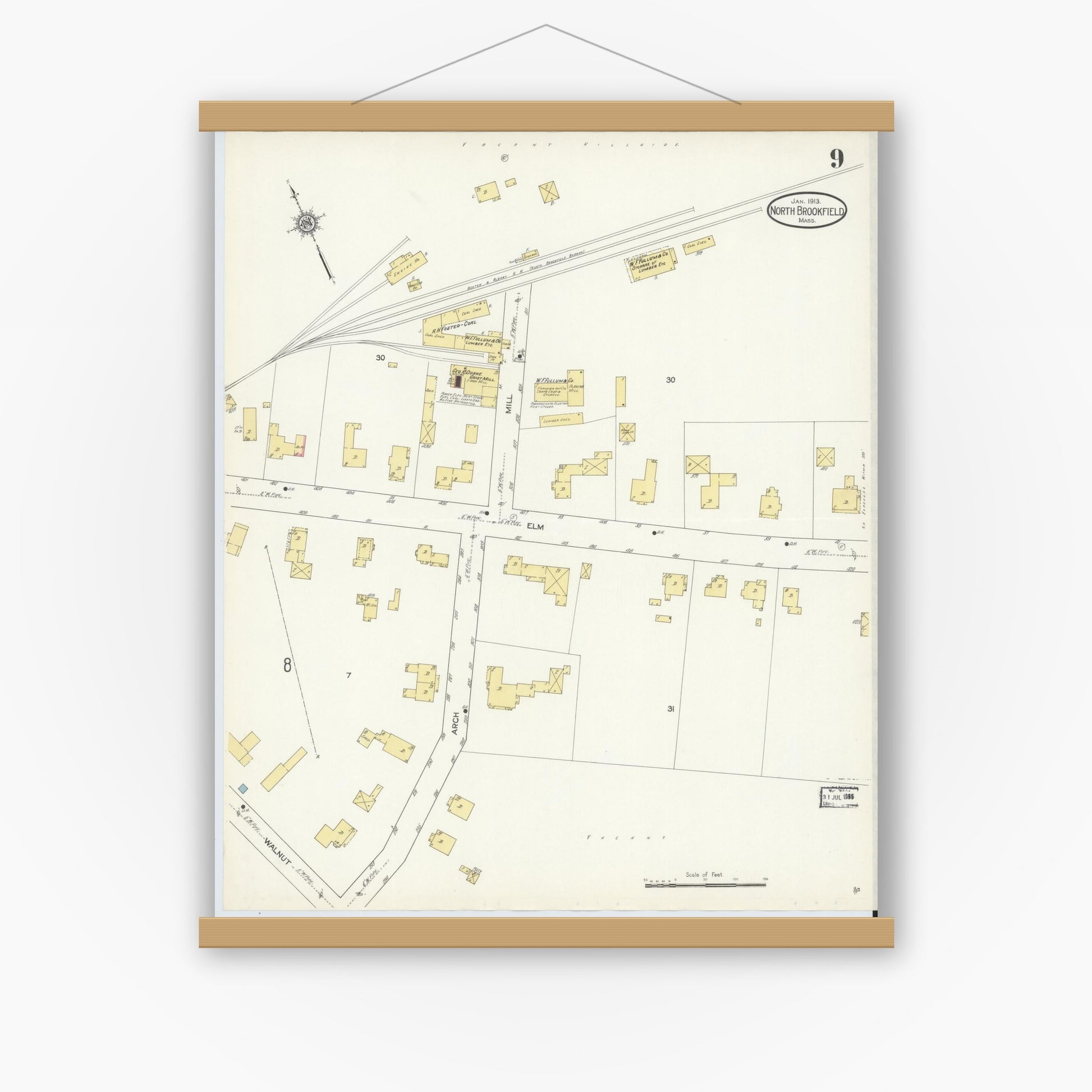 Old map wall art mockup — magnetic wood frame on white wall — Sanborn Fire Insurance Map from North Brookfield, Worcester County, Massachusetts (1913), Sheet #0009