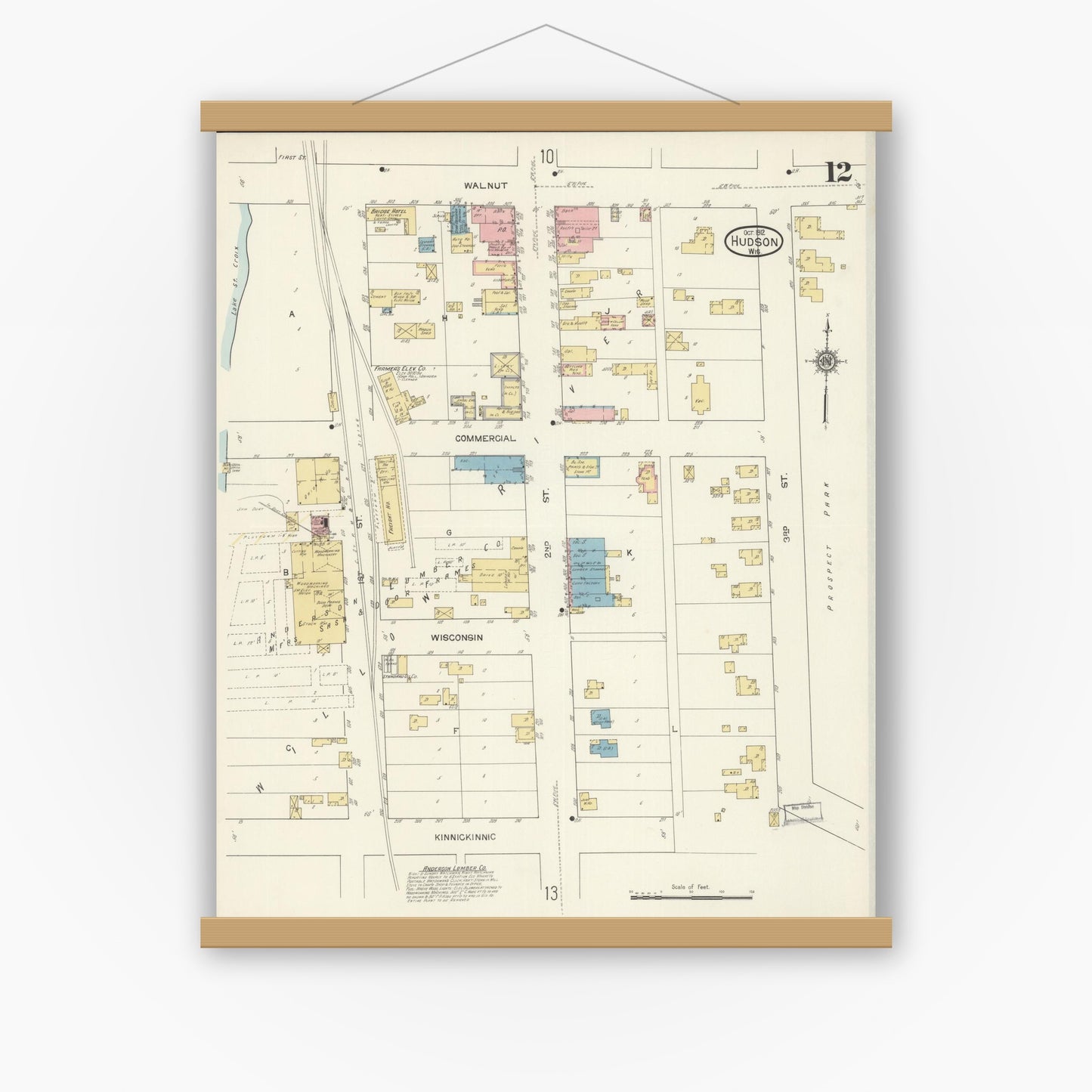Old map wall art mockup — magnetic wood frame on white wall — Sanborn Fire Insurance Map from Hudson, St. Croix County, Wisconsin (1912), Sheet #0012