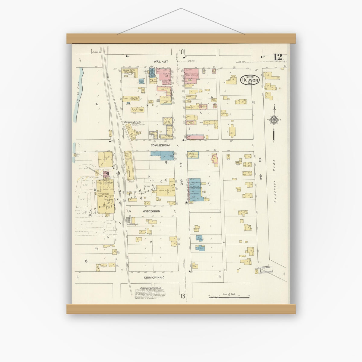Old map wall art mockup — magnetic wood frame on white wall — Sanborn Fire Insurance Map from Hudson, St. Croix County, Wisconsin (1912), Sheet #0012