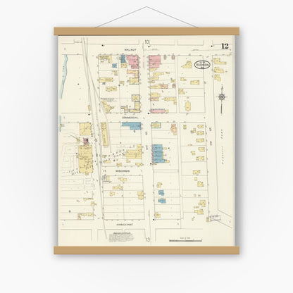 Old map wall art mockup — magnetic wood frame on white wall — Sanborn Fire Insurance Map from Hudson, St. Croix County, Wisconsin (1912), Sheet #0012