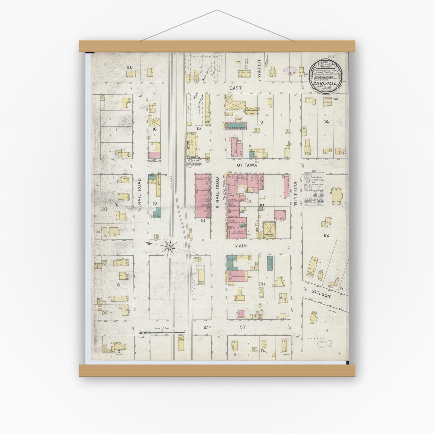 Old map wall art mockup — magnetic wood frame on white wall — Sanborn Fire Insurance Map from Earlville, La Salle County, Illinois (1893), Sheet #0001