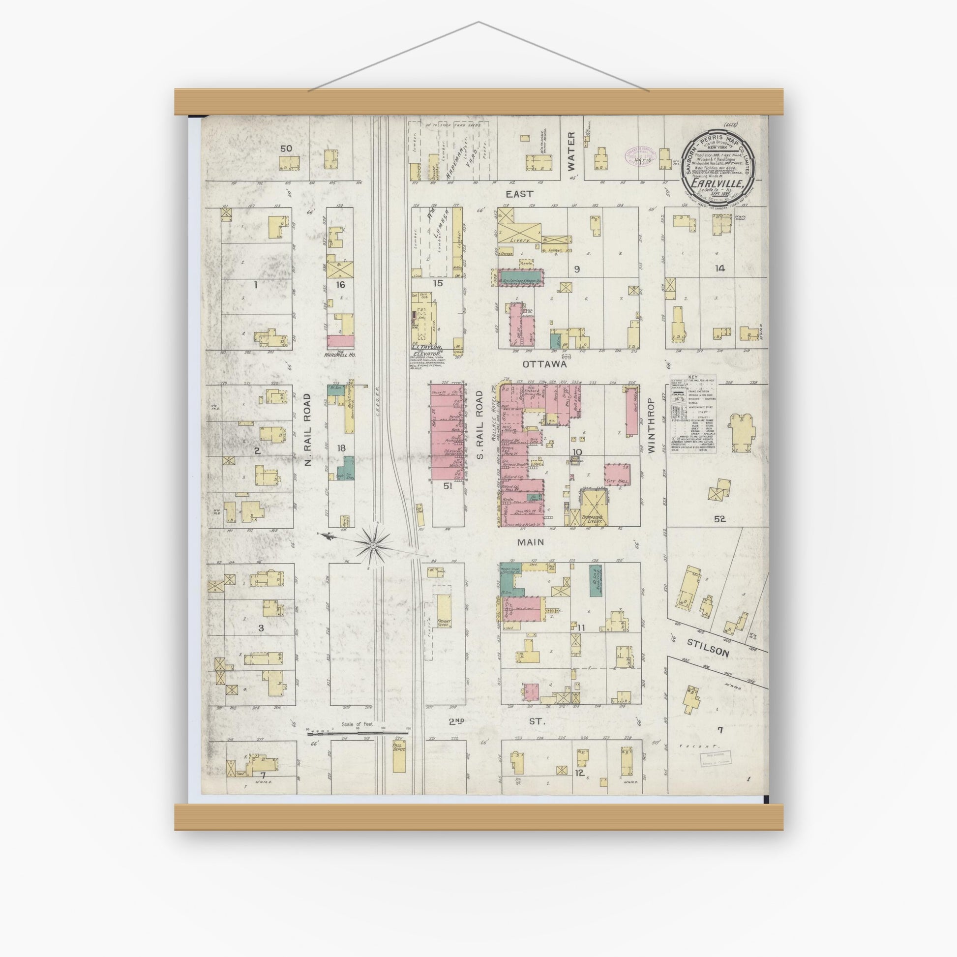 Old map wall art mockup — magnetic wood frame on white wall — Sanborn Fire Insurance Map from Earlville, La Salle County, Illinois (1893), Sheet #0001