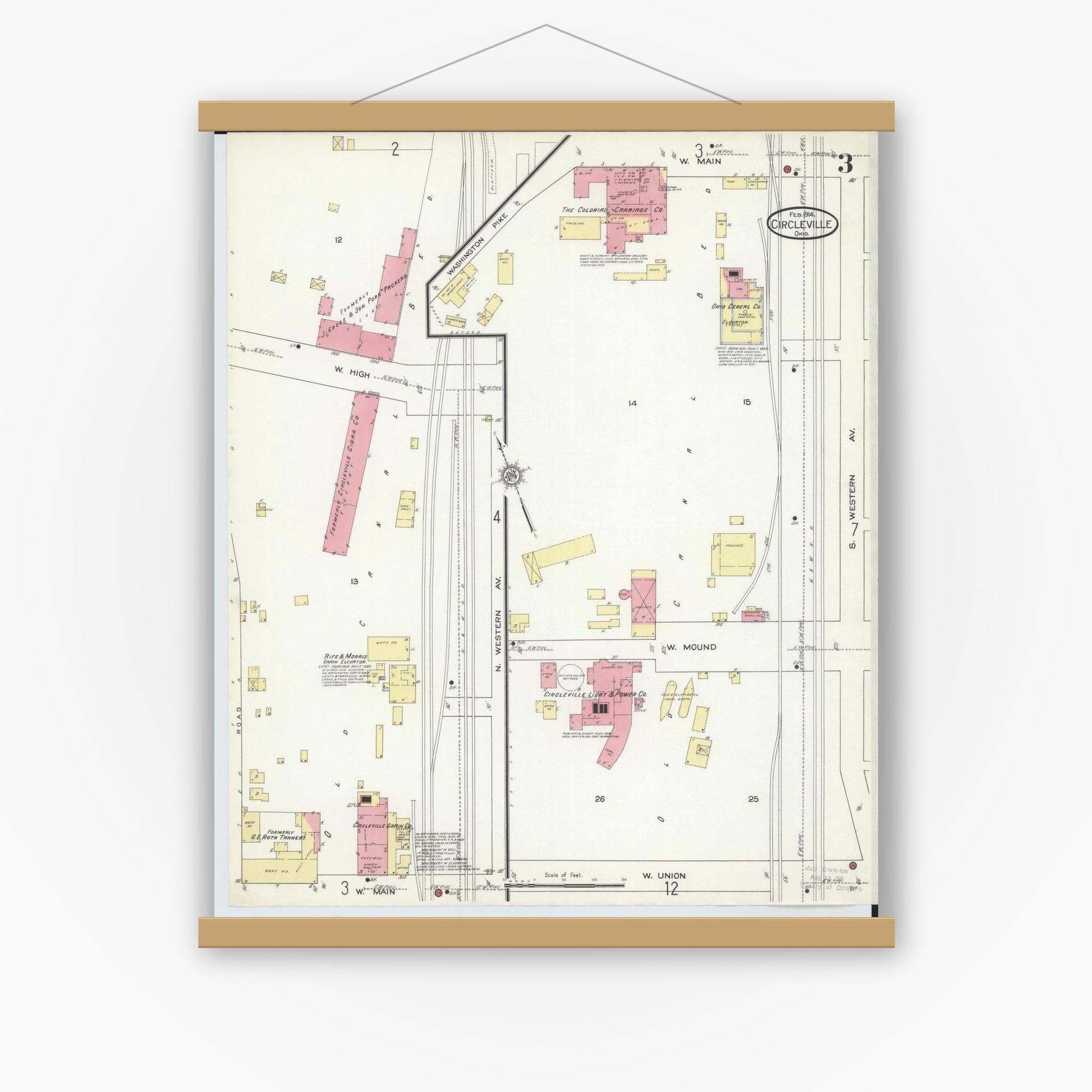 Old map wall art mockup — magnetic wood frame on white wall — Sanborn Fire Insurance Map from Circleville, Pickaway County, Ohio (1914), Sheet #0003