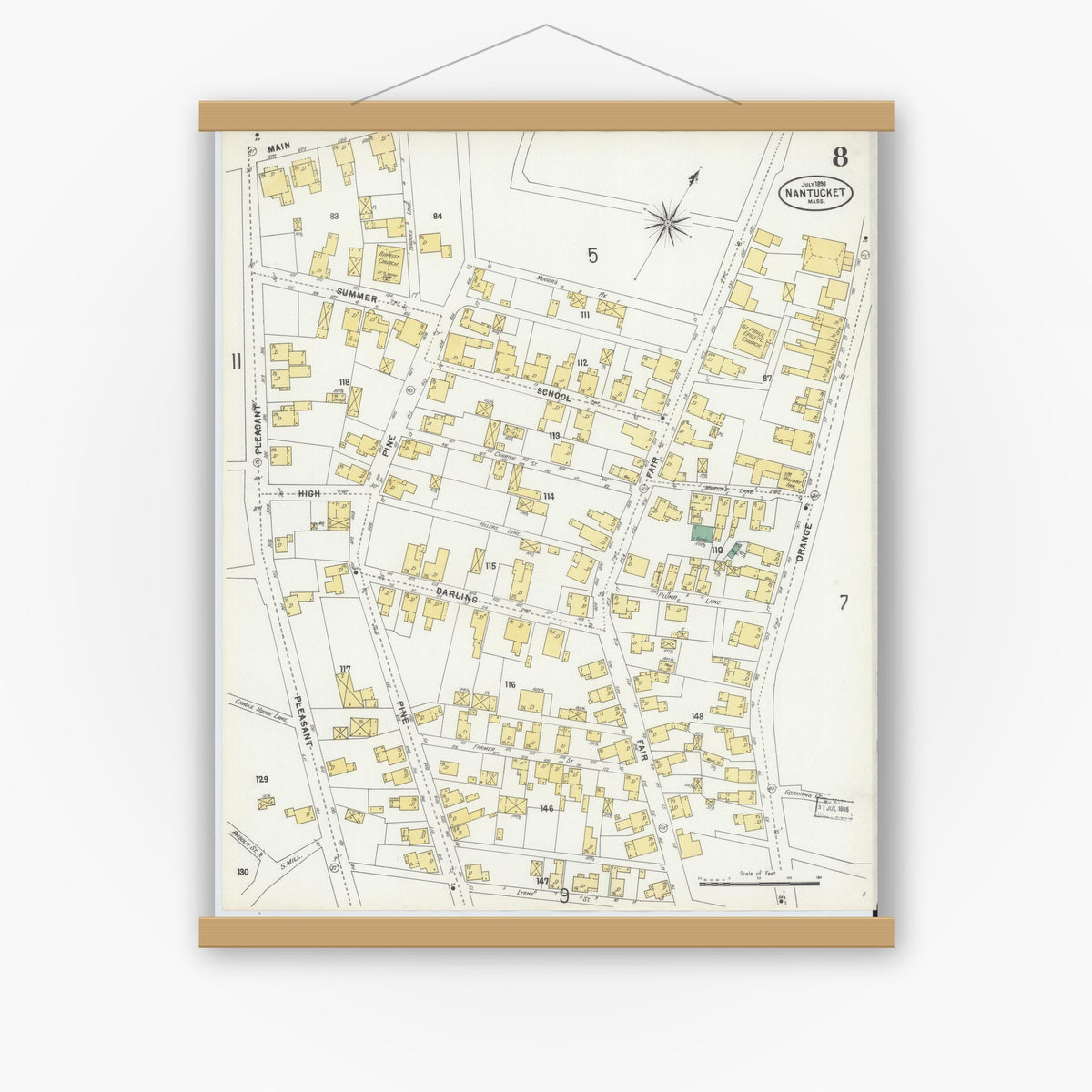 Old map wall art mockup — magnetic wood frame on white wall — Sanborn Fire Insurance Map from Nantucket, Nantucket County, Massachusetts (1898), Sheet #0008