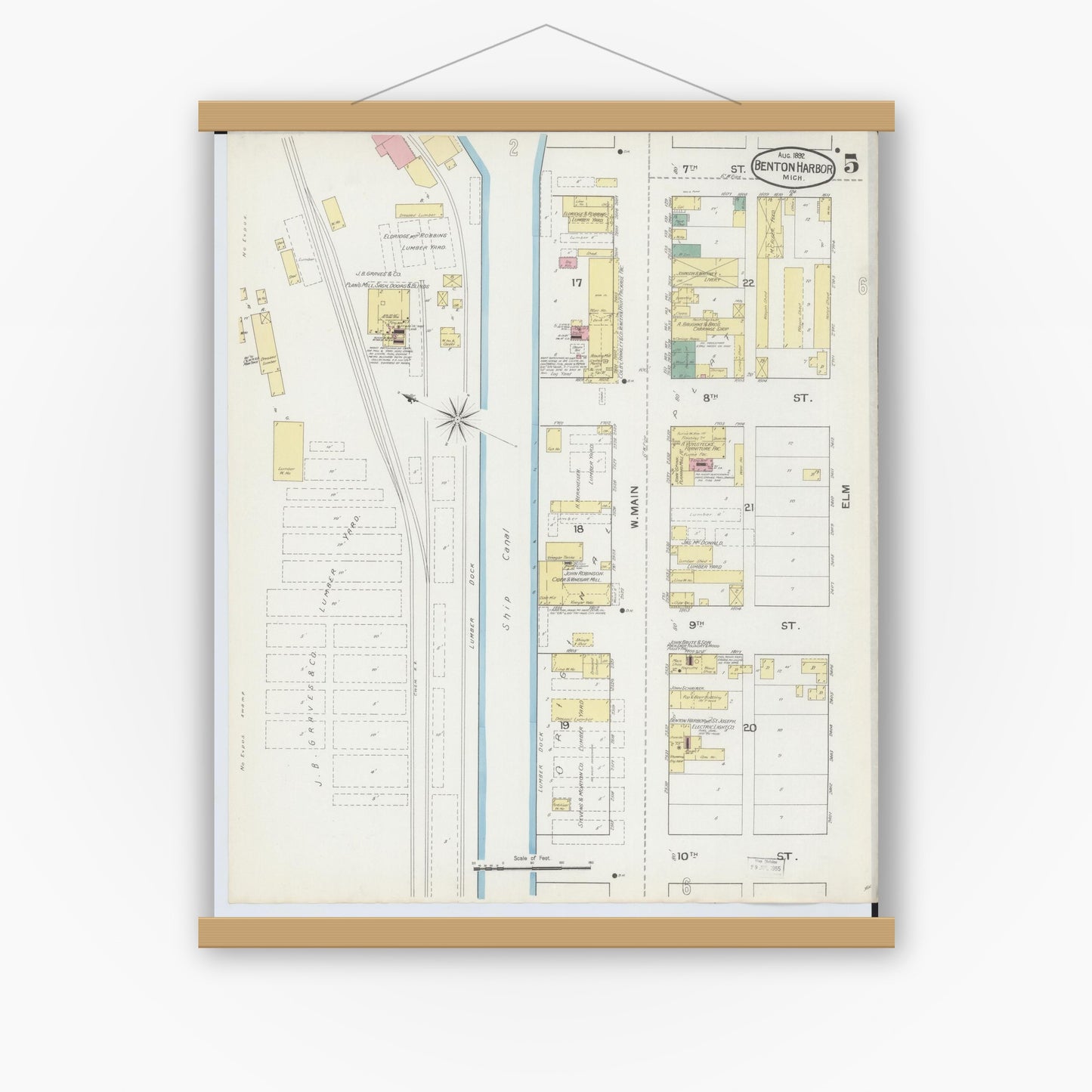 Old map wall art mockup — magnetic wood frame on white wall — Sanborn Fire Insurance Map from Benton Harbor, Berrien County, Michigan (1892), Sheet #0005
