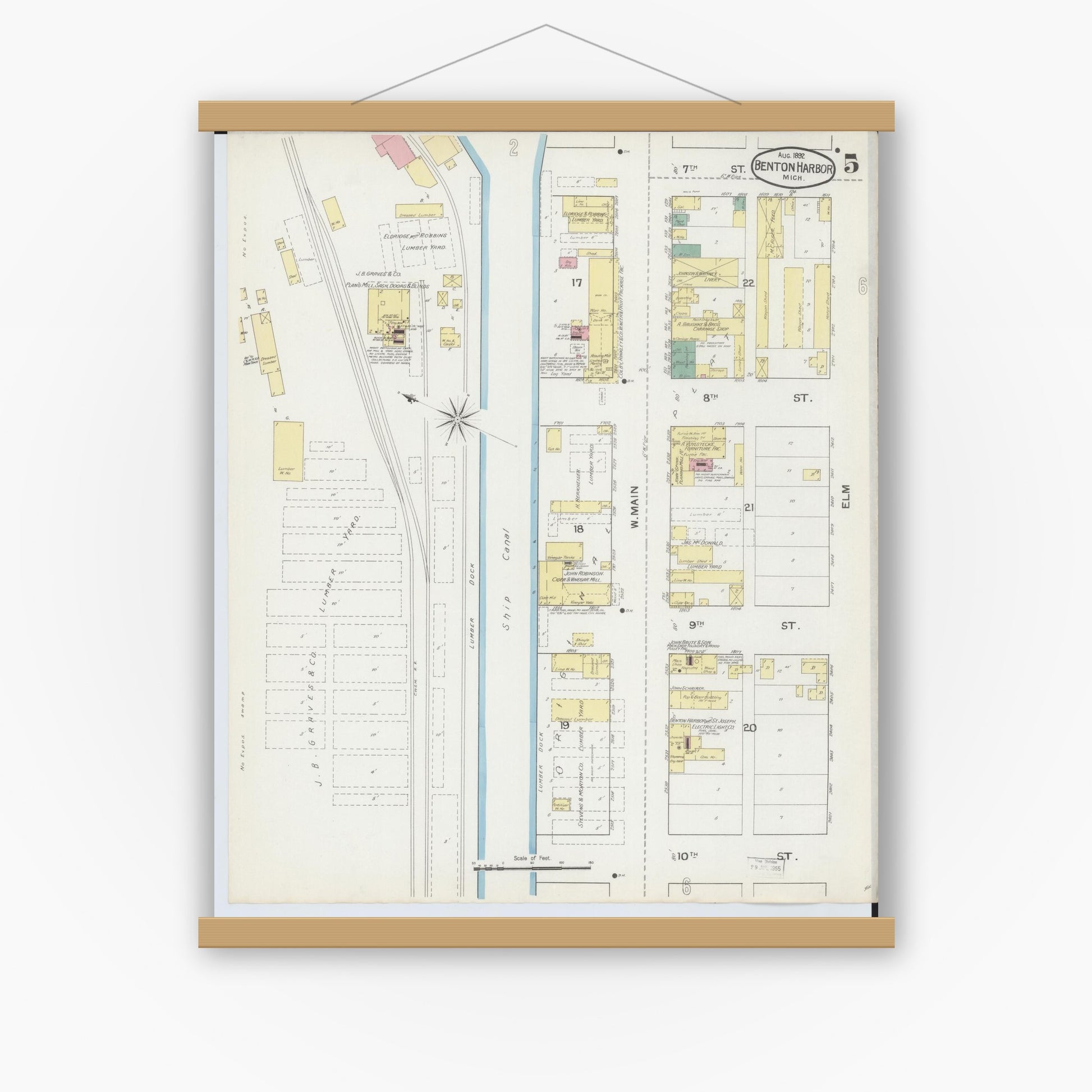 Old map wall art mockup — magnetic wood frame on white wall — Sanborn Fire Insurance Map from Benton Harbor, Berrien County, Michigan (1892), Sheet #0005