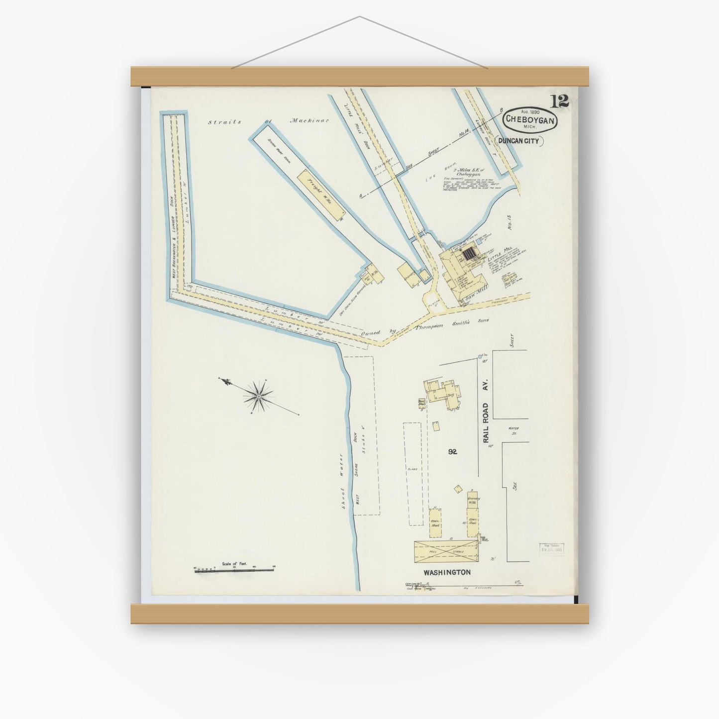 Old map wall art mockup — magnetic wood frame on white wall — Sanborn Fire Insurance Map from Cheboygan, Cheboygan County, Michigan (1890), Sheet #0012