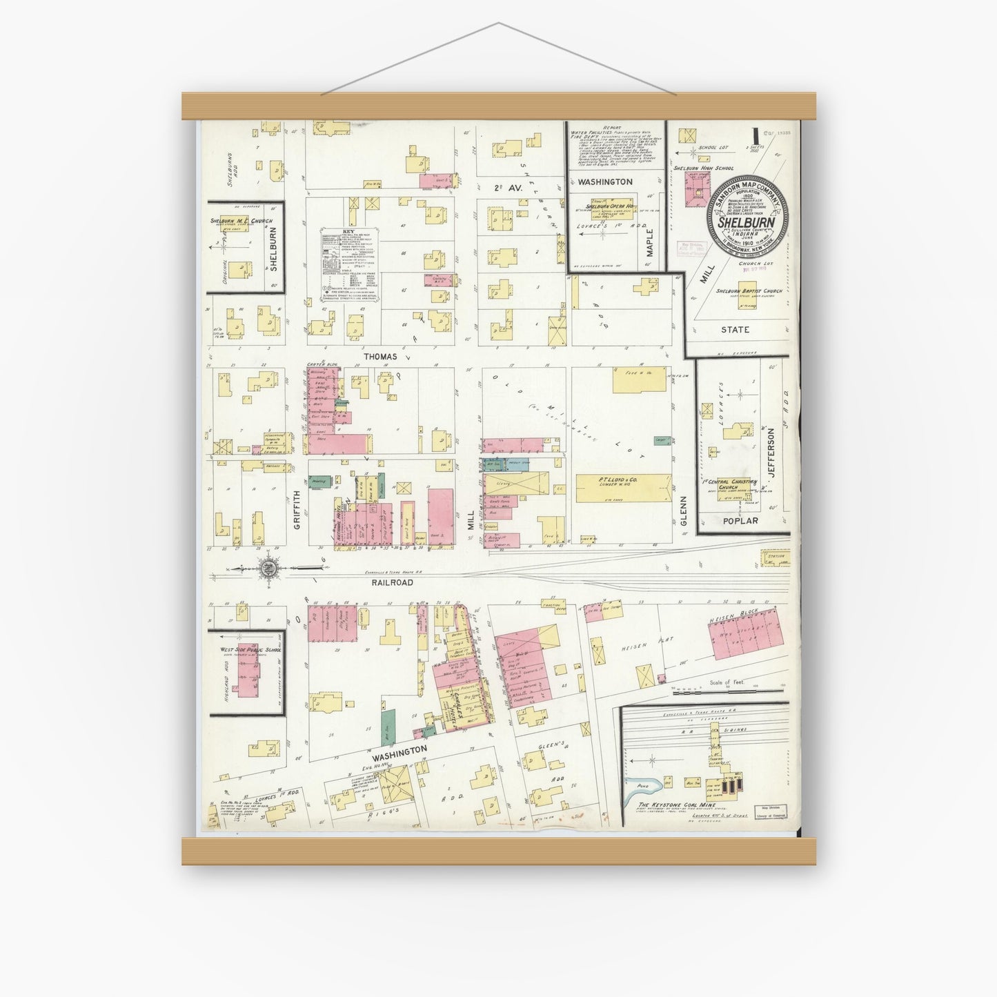 Old map wall art mockup — magnetic wood frame on white wall — Sanborn Fire Insurance Map from Shelburn, Sullivan County, Indiana (1910) - Complete Map Set