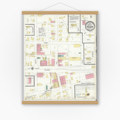 Old map wall art mockup — magnetic wood frame on white wall — Sanborn Fire Insurance Map from Shelburn, Sullivan County, Indiana (1910) - Complete Map Set