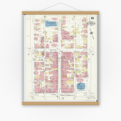 Old map wall art mockup — magnetic wood frame on white wall — Sanborn Fire Insurance Map from Steubenville, Jefferson County, Ohio (1913), Sheet #0018