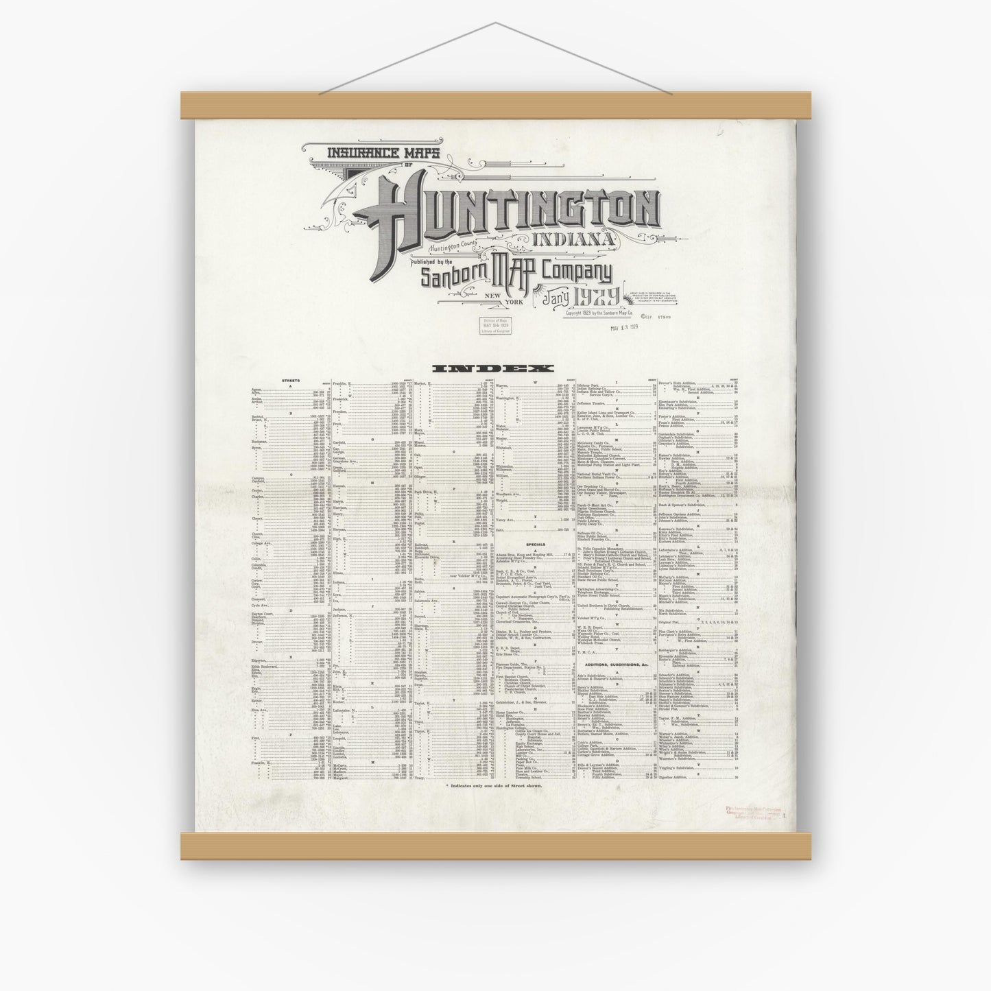 Old map wall art mockup — magnetic wood frame on white wall — Sanborn Fire Insurance Map from Huntington, Huntington County, Indiana (1929), Sheet #0001