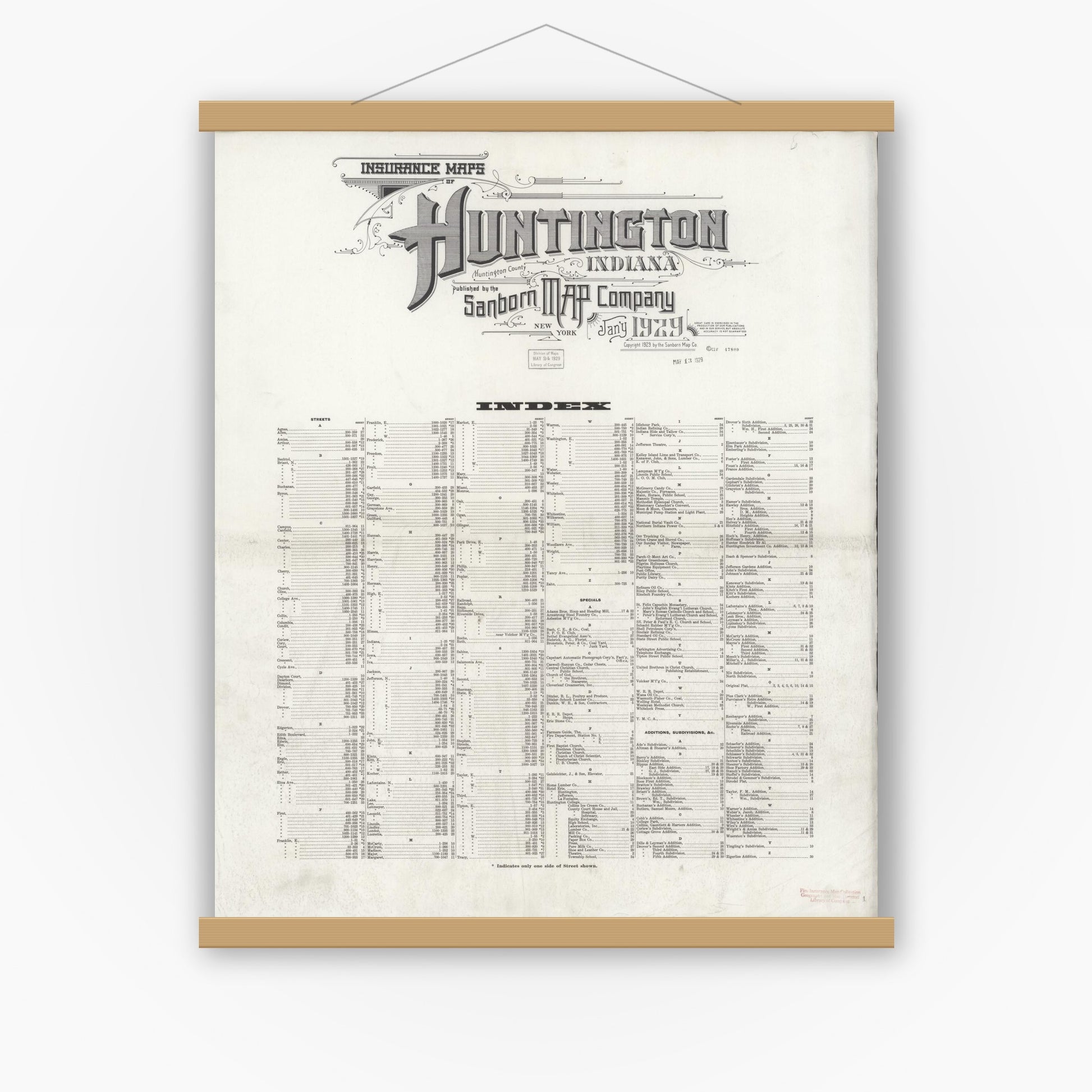 Old map wall art mockup — magnetic wood frame on white wall — Sanborn Fire Insurance Map from Huntington, Huntington County, Indiana (1929), Sheet #0001