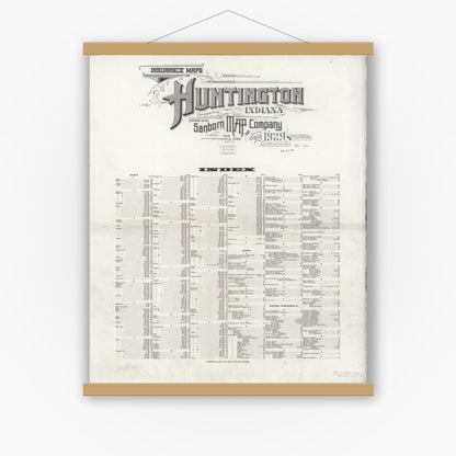 Old map wall art mockup — magnetic wood frame on white wall — Sanborn Fire Insurance Map from Huntington, Huntington County, Indiana (1929), Sheet #0001