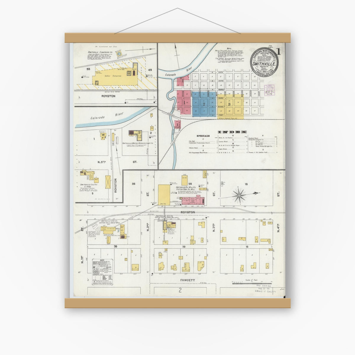 Old map wall art mockup — magnetic wood frame on white wall — Sanborn Fire Insurance Map from Smithville, Bastrop County, Texas (1905), Sheet #0001