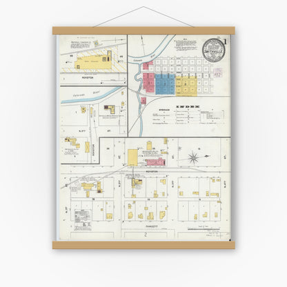 Old map wall art mockup — magnetic wood frame on white wall — Sanborn Fire Insurance Map from Smithville, Bastrop County, Texas (1905), Sheet #0001