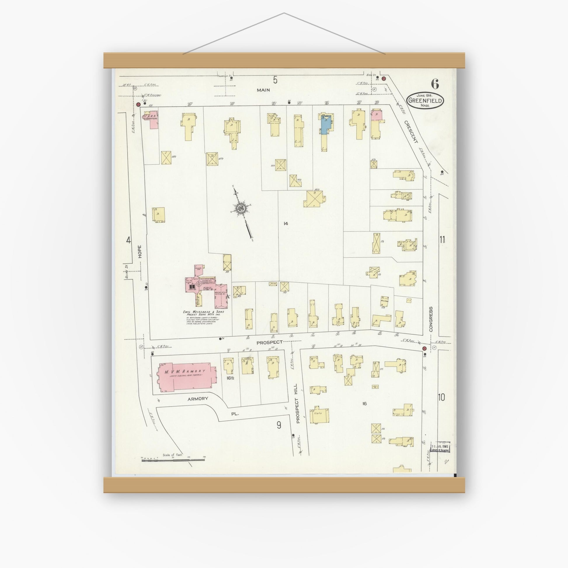 Old map wall art mockup — magnetic wood frame on white wall — Sanborn Fire Insurance Map from Greenfield, Franklin County, Massachusetts (1914), Sheet #0006