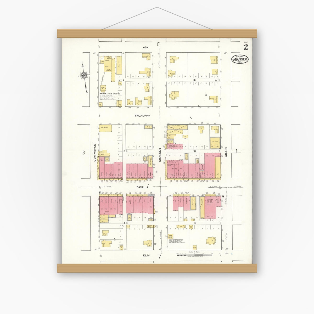 Old map wall art mockup — magnetic wood frame on white wall — Sanborn Fire Insurance Map from Granger, Williamson County, Texas (1921), Sheet #0002