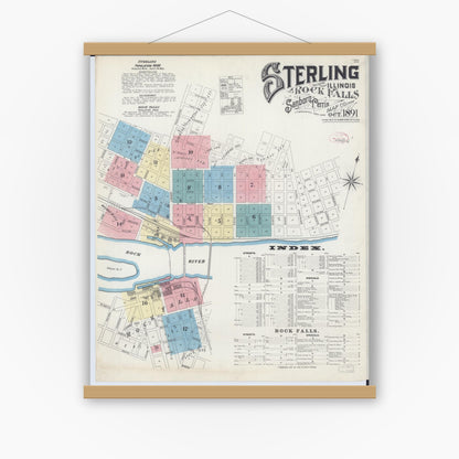 Old map wall art mockup — magnetic wood frame on white wall — Sanborn Fire Insurance Map from Sterling, Whiteside County, Illinois (1891) - Complete Map Set