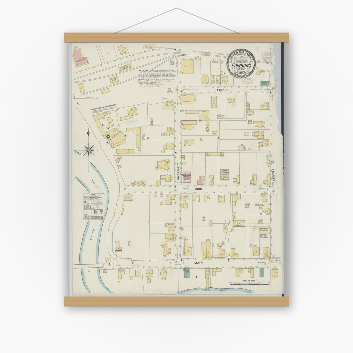 Old map wall art mockup — magnetic wood frame on white wall — Sanborn Fire Insurance Map from Edinburg, Shenandoah County, Virginia (1908), Sheet #0001