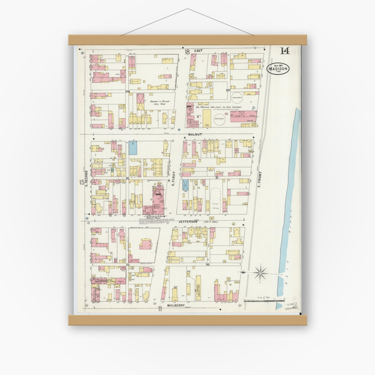 Old map wall art mockup — magnetic wood frame on white wall — Sanborn Fire Insurance Map from Madison, Jefferson County, Indiana (1897), Sheet #0014