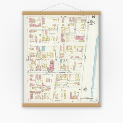 Old map wall art mockup — magnetic wood frame on white wall — Sanborn Fire Insurance Map from Madison, Jefferson County, Indiana (1897), Sheet #0014