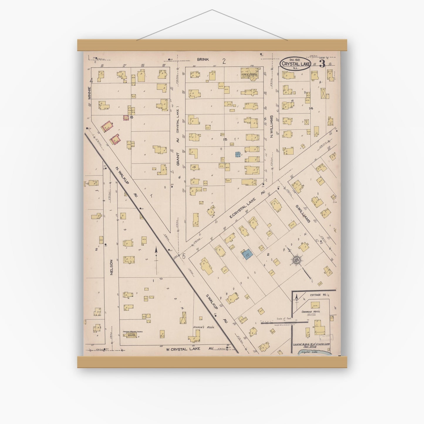 Old map wall art mockup — magnetic wood frame on white wall — Sanborn Fire Insurance Map from Crystal Lake, McHenry County, Illinois (1921), Sheet #0003