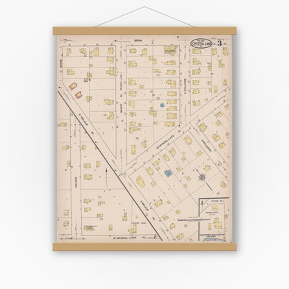 Old map wall art mockup — magnetic wood frame on white wall — Sanborn Fire Insurance Map from Crystal Lake, McHenry County, Illinois (1921), Sheet #0003