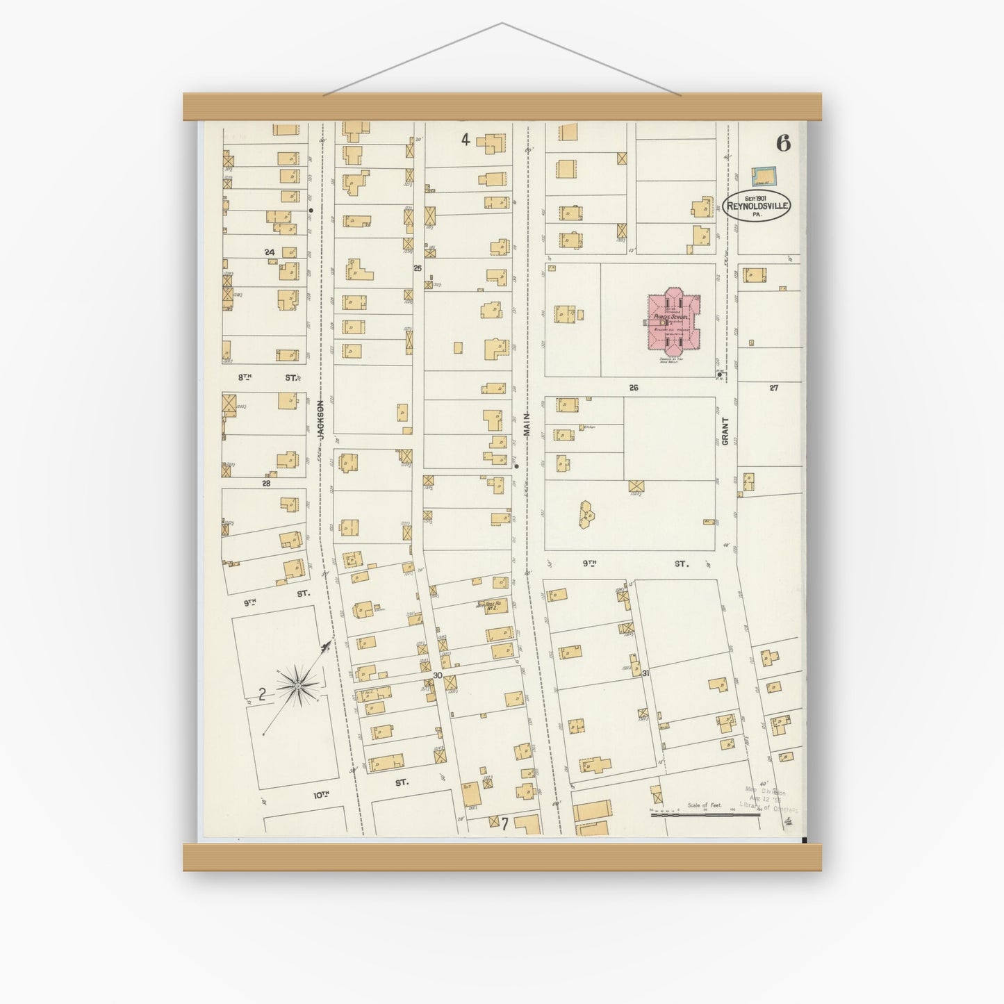 Old map wall art mockup — magnetic wood frame on white wall — Sanborn Fire Insurance Map from Reynoldsville, Jefferson County, Pennsylvania (1901), Sheet #0006
