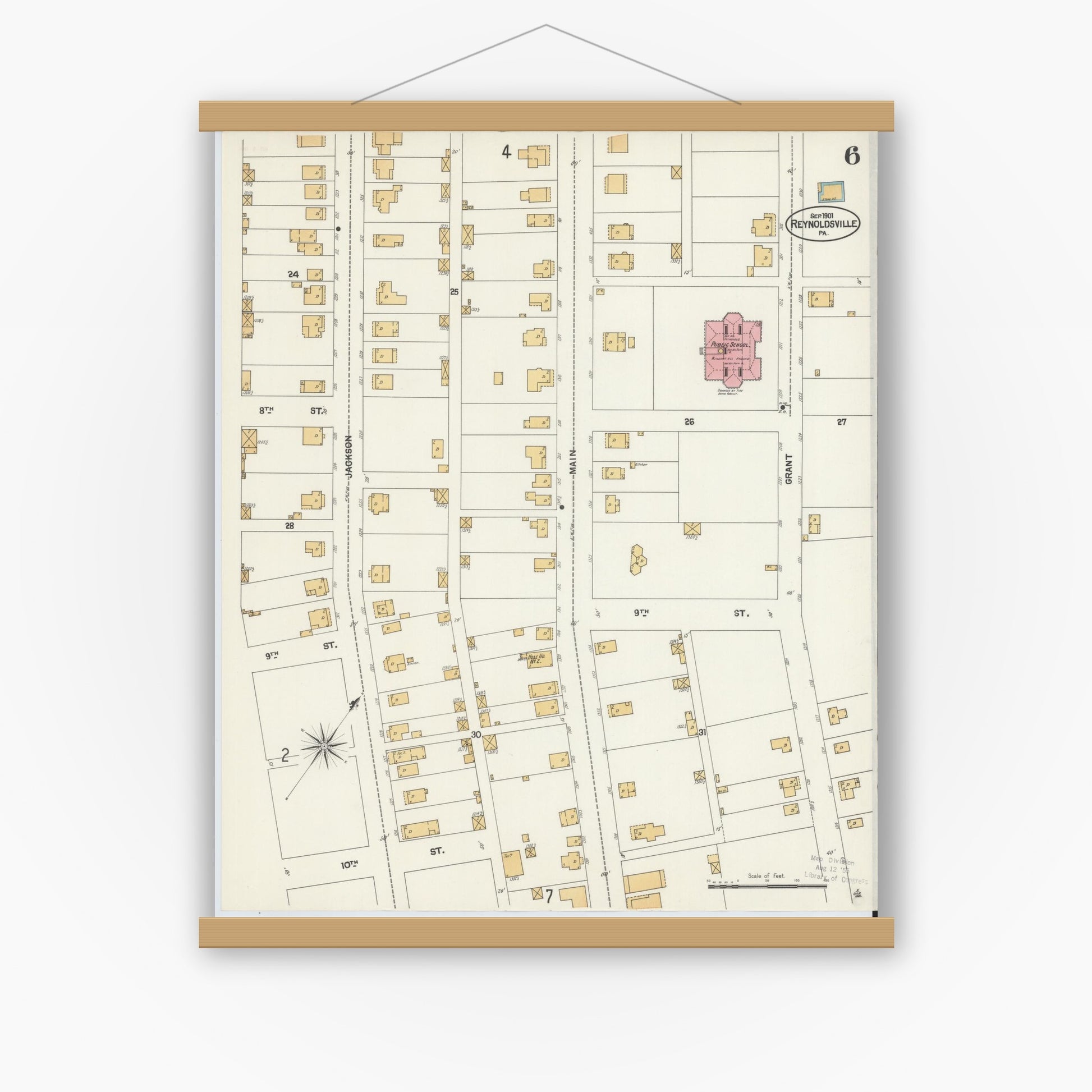 Old map wall art mockup — magnetic wood frame on white wall — Sanborn Fire Insurance Map from Reynoldsville, Jefferson County, Pennsylvania (1901), Sheet #0006