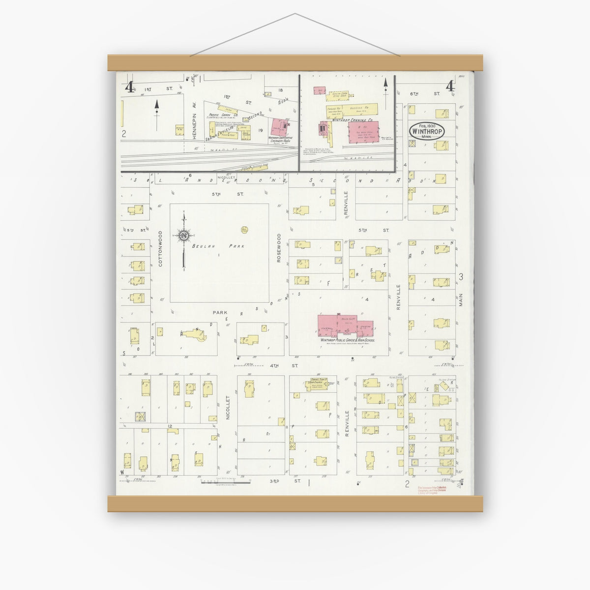 Old map wall art mockup — magnetic wood frame on white wall — Sanborn Fire Insurance Map from Winthrop, Sibley County, Minnesota (1930), Sheet #0004