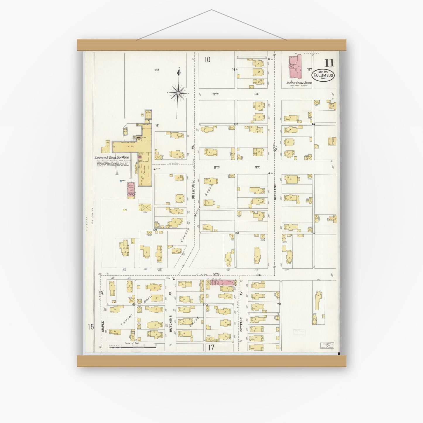Old map wall art mockup — magnetic wood frame on white wall — Sanborn Fire Insurance Map from Columbus, Bartholomew County, Indiana (1906), Sheet #0011
