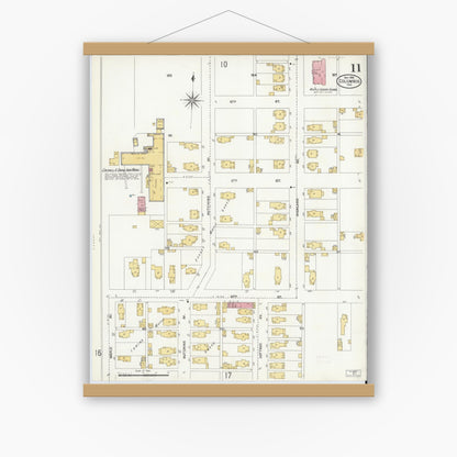 Old map wall art mockup — magnetic wood frame on white wall — Sanborn Fire Insurance Map from Columbus, Bartholomew County, Indiana (1906), Sheet #0011