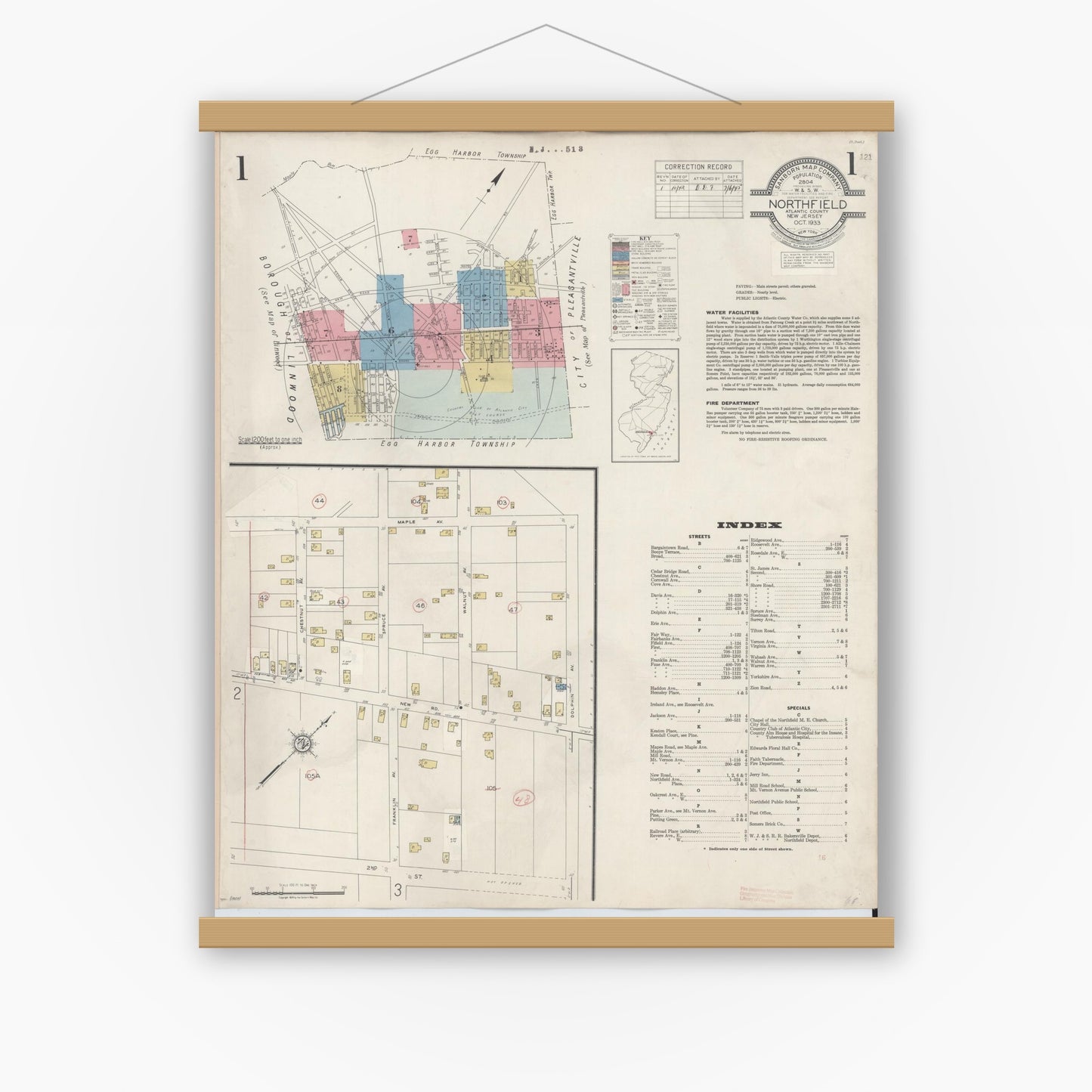 Old map wall art mockup — magnetic wood frame on white wall — Sanborn Fire Insurance Map from Northfield, Atlantic County, New Jersey (1942) - Complete Map Set