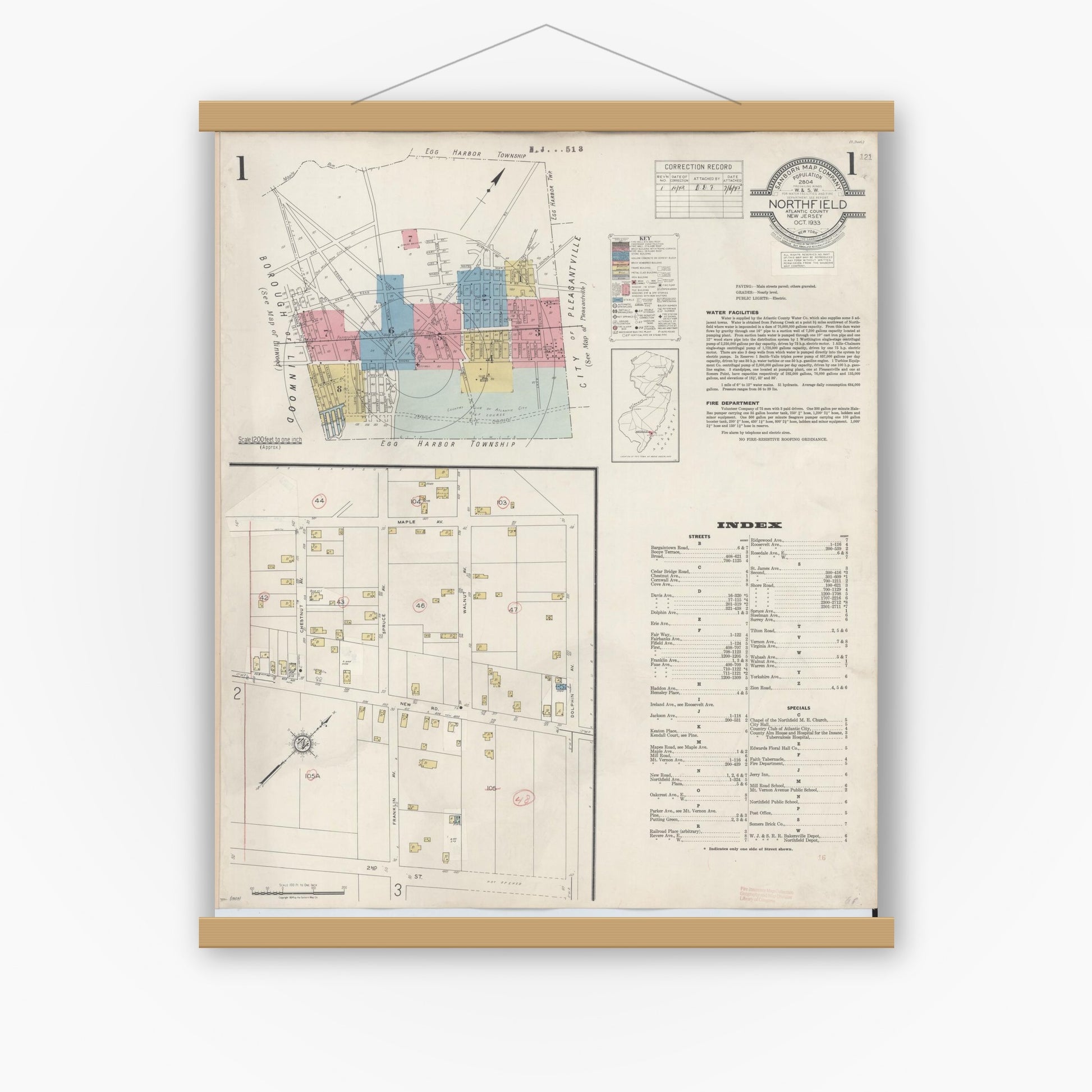 Old map wall art mockup — magnetic wood frame on white wall — Sanborn Fire Insurance Map from Northfield, Atlantic County, New Jersey (1942) - Complete Map Set