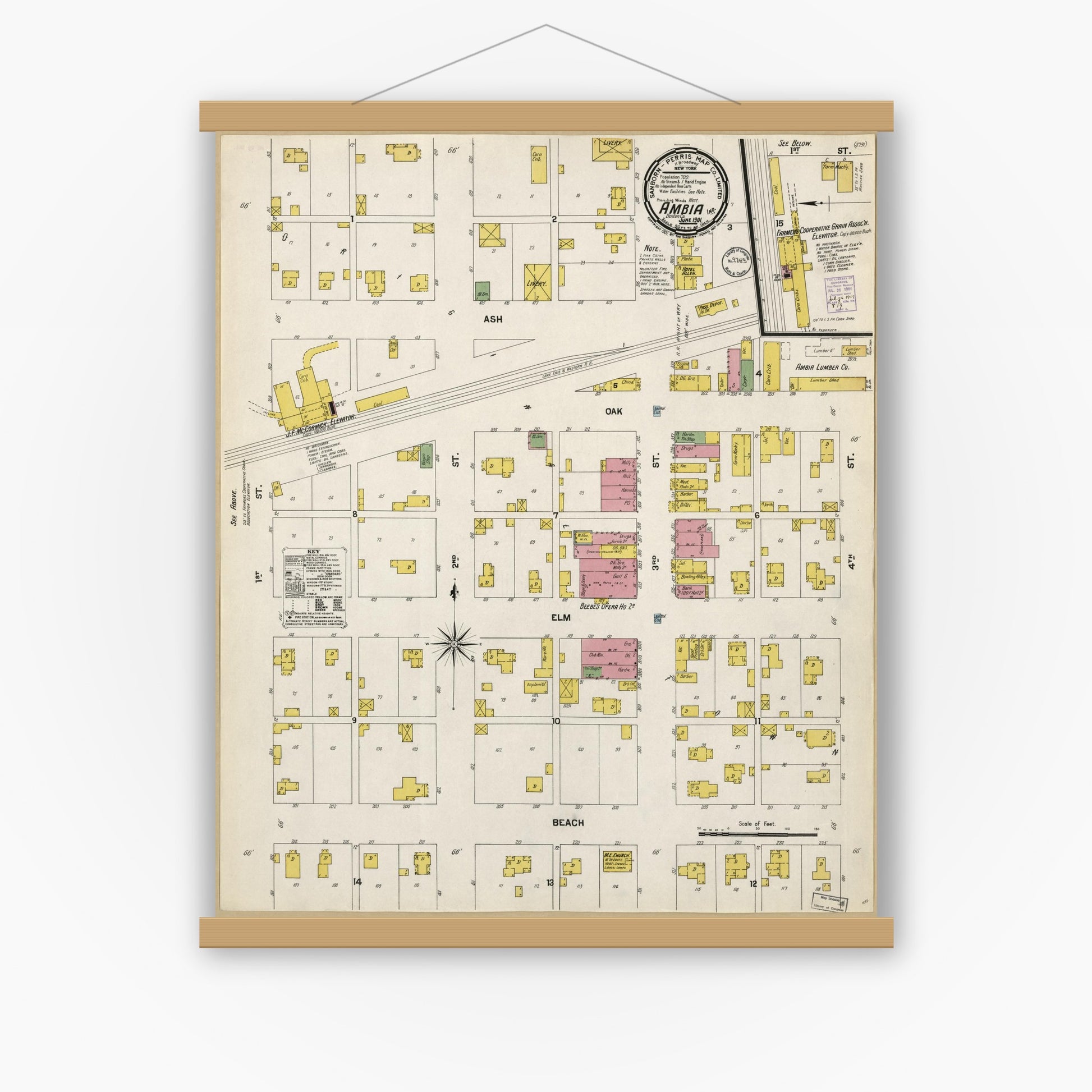 Old map wall art mockup — magnetic wood frame on white wall — Sanborn Fire Insurance Map from Ambia, Benton County, Indiana (1901), Sheet #0001